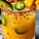 Spicy Mango Jalapeño Margarita served over ice in a salt-rimmed glass, garnished with fresh mango and jalapeño slices.