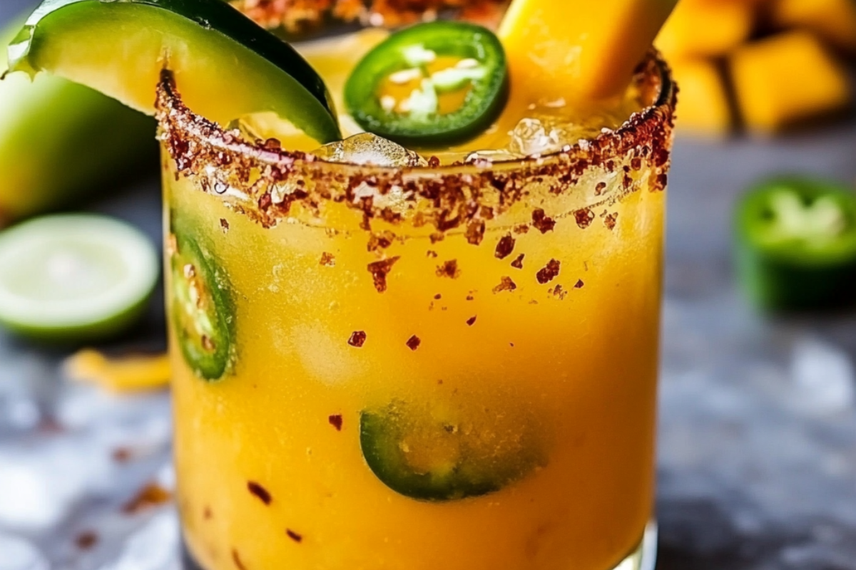 Spicy Mango Jalapeño Margarita served over ice in a salt-rimmed glass, garnished with fresh mango and jalapeño slices.