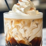Vanilla Bean White Russian cocktail served over ice with a creamy swirl and a dusting of vanilla bean specks.