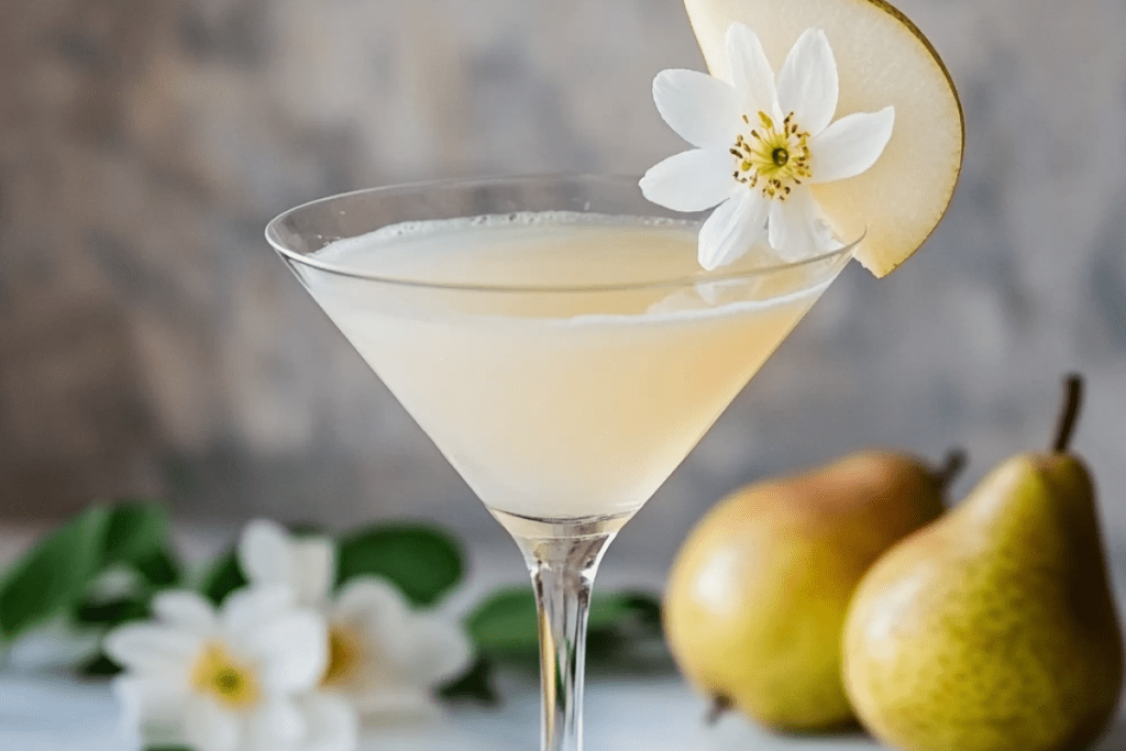 Elderflower Pear Martini served in a chilled martini glass, garnished with a thin pear slice and fresh herbs.