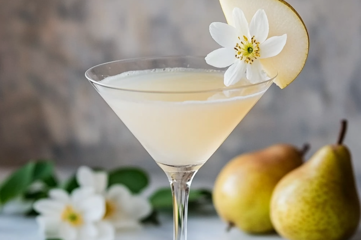 Elderflower Pear Martini served in a chilled martini glass, garnished with a thin pear slice and fresh herbs.