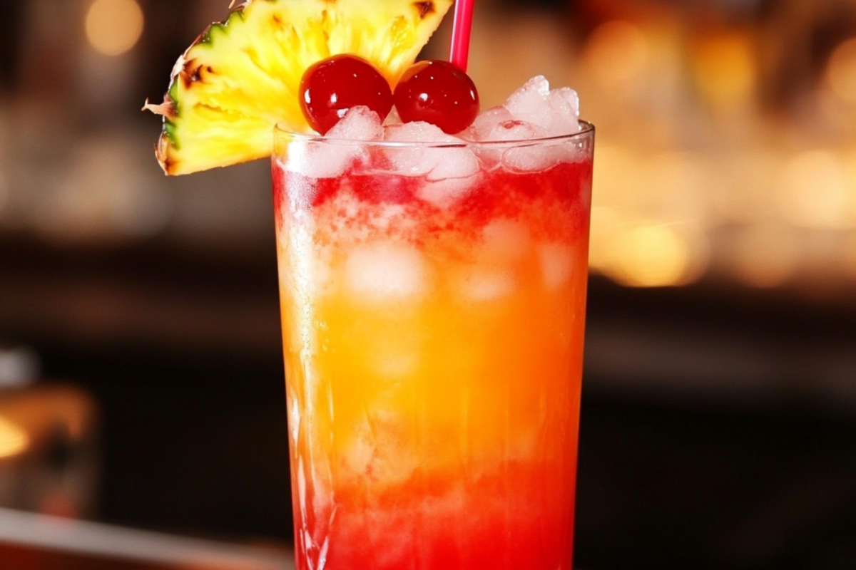Punch Drunk Love Cocktail with a vibrant red hue, served over ice and garnished with berries and a citrus twist.