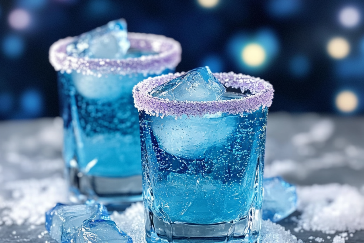 Ice Queen Shots with a frosty blue hue served in chilled shot glasses, topped with shimmer or sugar rims.