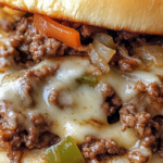 Philly Cheesesteak Sloppy Joes served on toasted buns, filled with seasoned beef, sautéed peppers, onions, and melted cheese.