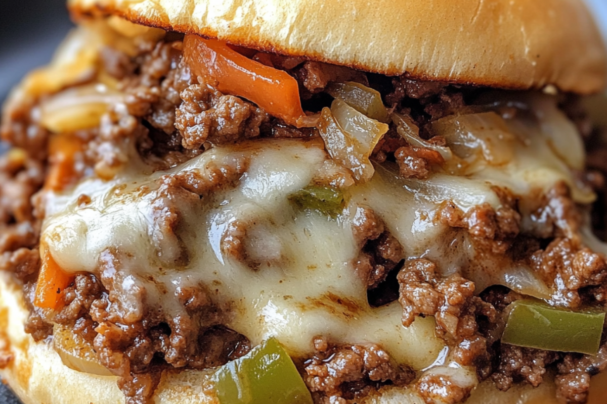 Philly Cheesesteak Sloppy Joes served on toasted buns, filled with seasoned beef, sautéed peppers, onions, and melted cheese.