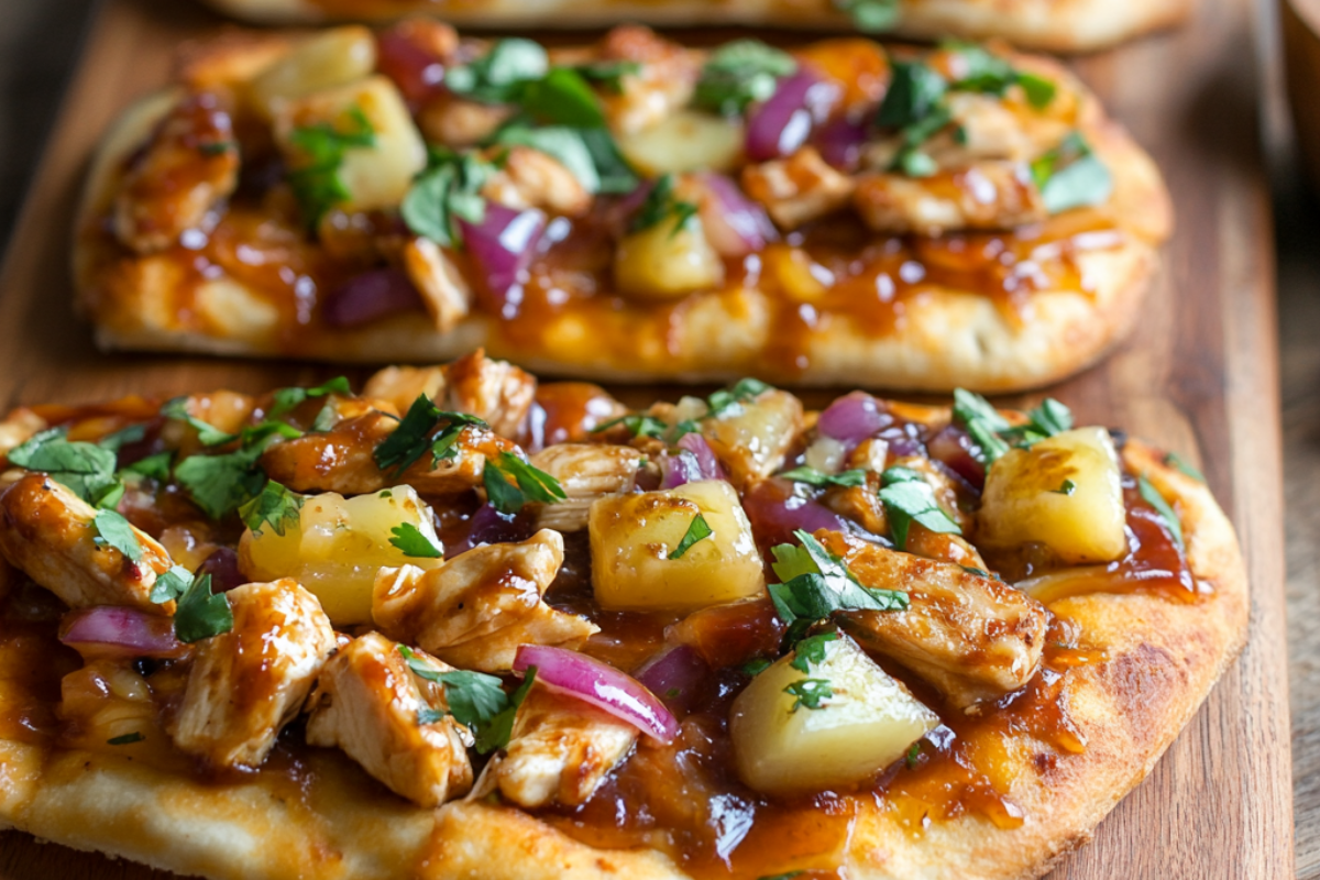 Hawaiian BBQ Chicken Flatbread topped with grilled chicken, pineapple, red onion, melted cheese, and BBQ sauce.