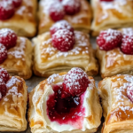Raspberry Cream Cheese Bites with a flaky pastry base, creamy filling, and fresh raspberries on top.