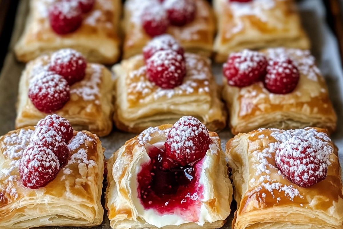 Raspberry Cream Cheese Bites with a flaky pastry base, creamy filling, and fresh raspberries on top.