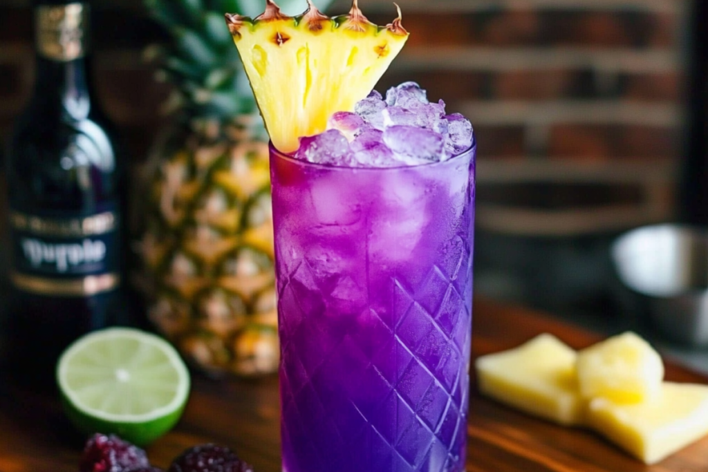 Jamaican Purple Rain Cocktail with a deep purple hue, served over ice and garnished with lime and cherries.