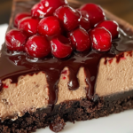 Chocolate Cherry Cheesecake with a rich chocolate crust, creamy filling, and cherry topping with chocolate drizzle.