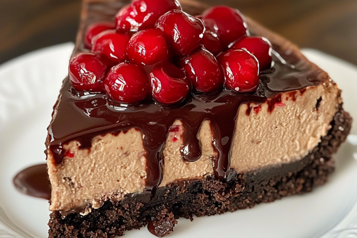 Chocolate Cherry Cheesecake with a rich chocolate crust, creamy filling, and cherry topping with chocolate drizzle.