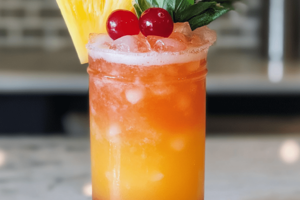 Sweet Paradise Splash cocktail with vibrant tropical colors, served over ice with a citrus and cherry garnish.