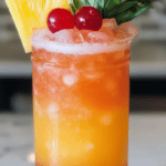Sweet Paradise Splash cocktail with vibrant tropical colors, served over ice with a citrus and cherry garnish.
