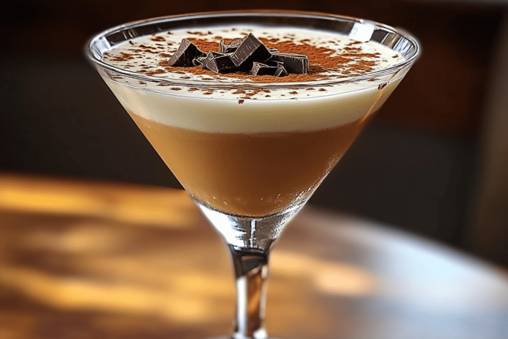 Amaretto Baileys Vanilla Martini served in a chilled glass with a creamy texture and a dusting of cocoa or cinnamon.