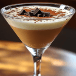 Amaretto Baileys Vanilla Martini served in a chilled glass with a creamy texture and a dusting of cocoa or cinnamon.