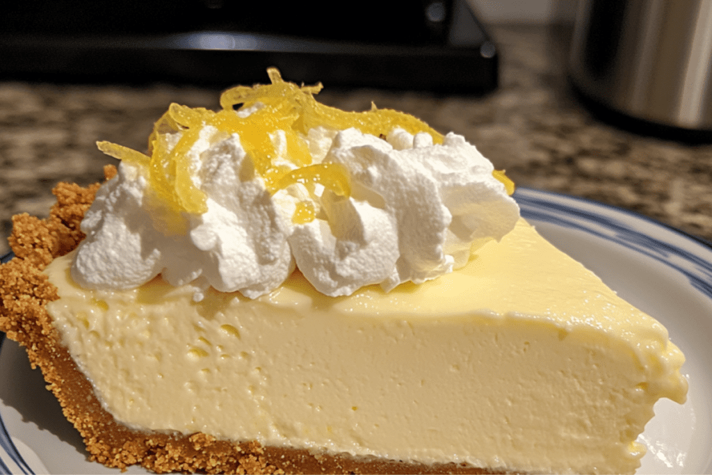 Chilled no-bake lemonade pie with cream cheese and a zesty lemon flavor, garnished with lemon slices.