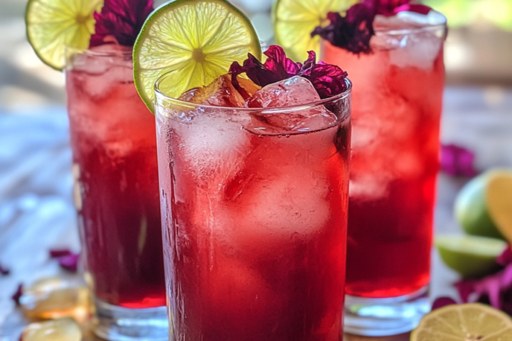 Long Beach Iced Tea with a hibiscus twist, served in a tall glass with a floral pink hue and citrus garnish.