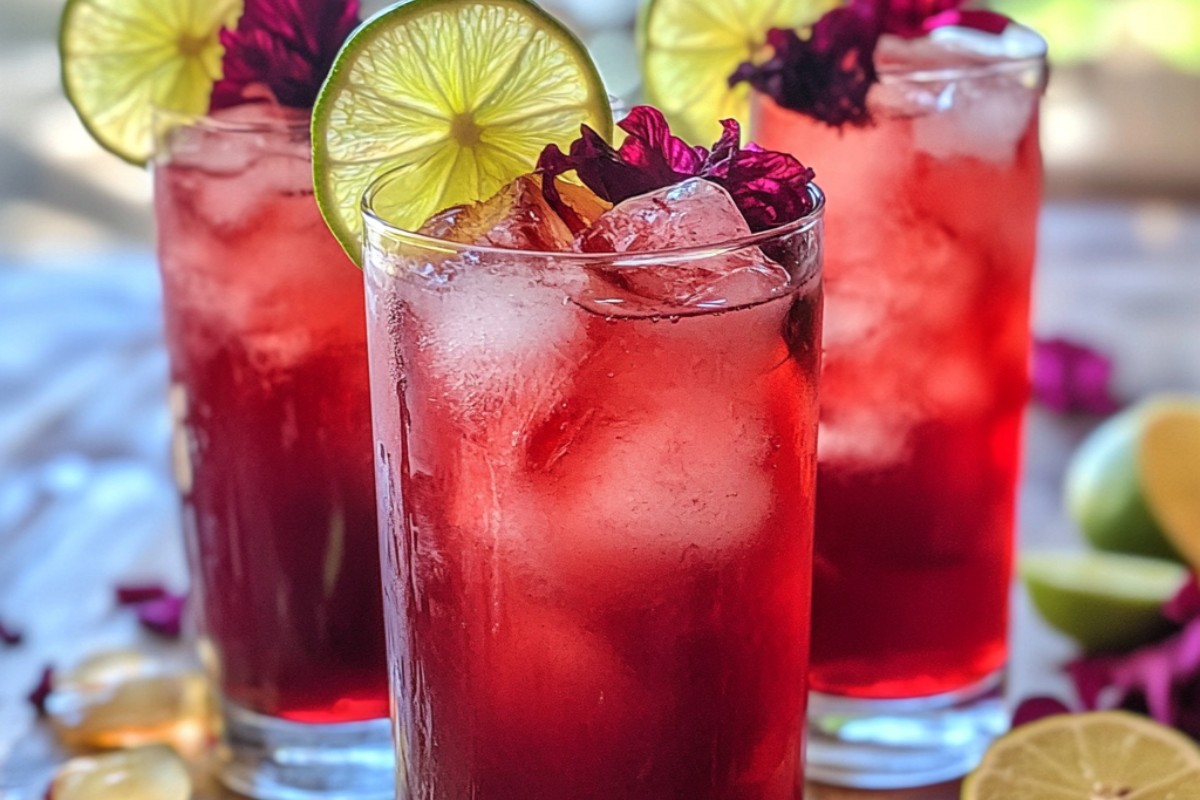 Long Beach Iced Tea with a hibiscus twist, served in a tall glass with a floral pink hue and citrus garnish.