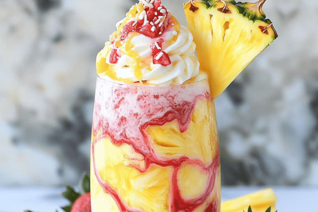 Pineapple Strawberry Swirled Frappuccino with vibrant yellow and pink layers, topped with whipped cream and fruit drizzle.