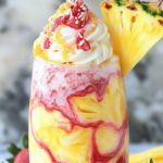 Pineapple Strawberry Swirled Frappuccino with vibrant yellow and pink layers, topped with whipped cream and fruit drizzle.