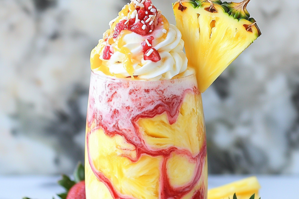 Pineapple Strawberry Swirled Frappuccino with vibrant yellow and pink layers, topped with whipped cream and fruit drizzle.