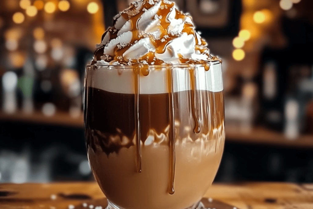 Salted Caramel Mudslide Cocktail served in a chilled glass with a caramel drizzle and whipped cream topping.