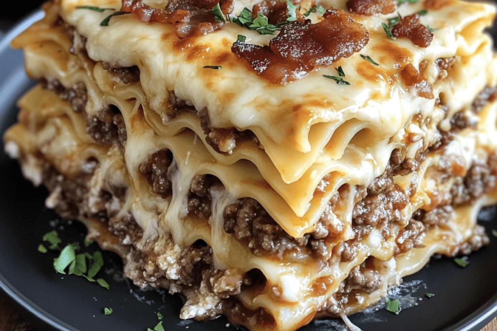 Parmesan Garlic Bacon Cheeseburger Lasagna layered with seasoned beef, crispy bacon, melted cheese, and garlic parmesan sauce.