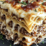 Parmesan Garlic Bacon Cheeseburger Lasagna layered with seasoned beef, crispy bacon, melted cheese, and garlic parmesan sauce.
