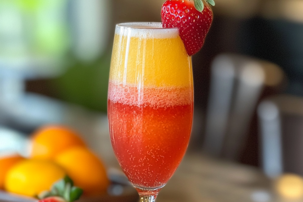 Sunrise Strawberry Mimosa with vibrant red and orange layers, served in a champagne flute and garnished with a fresh strawberry.
