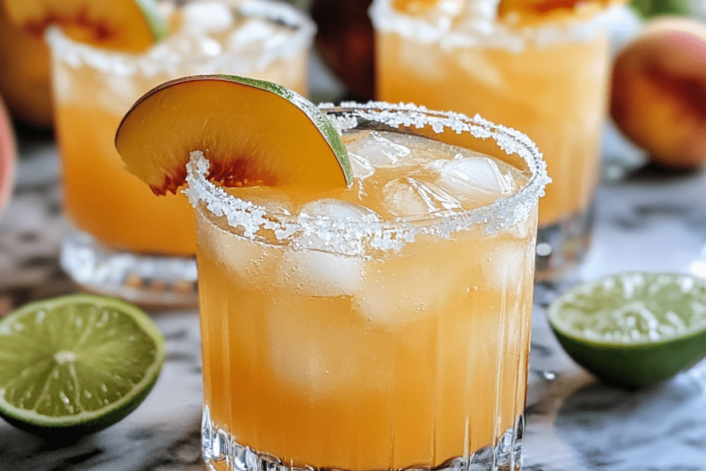 Peach Margarita served over ice in a salt-rimmed glass, garnished with a peach slice and lime wedge.