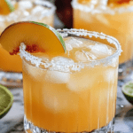 Peach Margarita served over ice in a salt-rimmed glass, garnished with a peach slice and lime wedge.