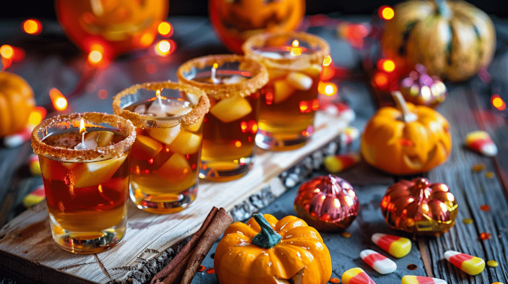 Festive party table with colorful fall cocktails and Halloween decorations