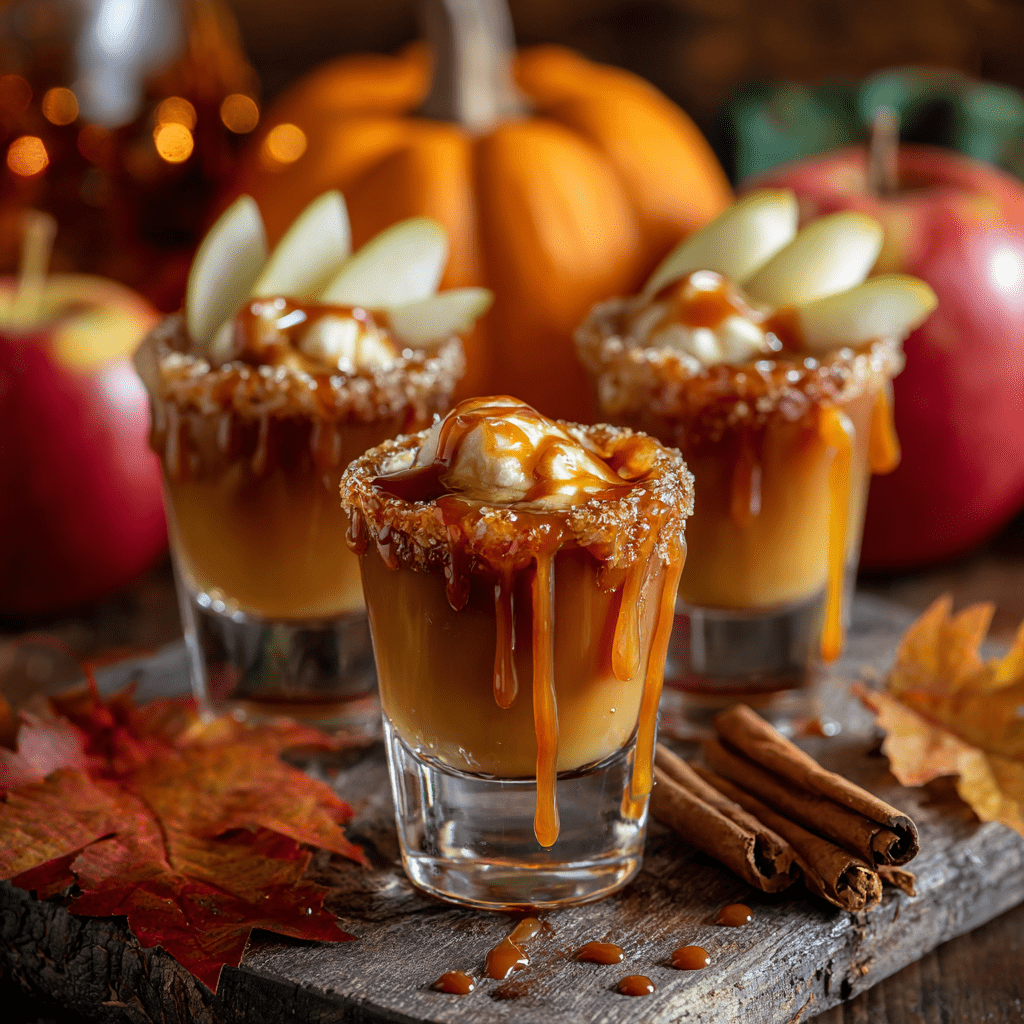 Fall-themed apple and caramel shots with cinnamon sticks and autumn leaves
