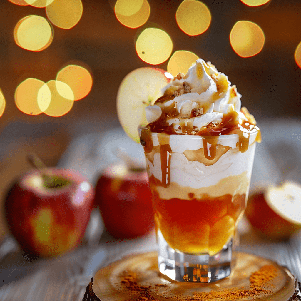 Close-up of a dessert-style caramel shot topped with whipped cream and caramel drizzle