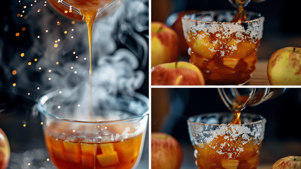 Mixing caramel Jell-O with Fireball whisky and apple cider in a glass bowl
