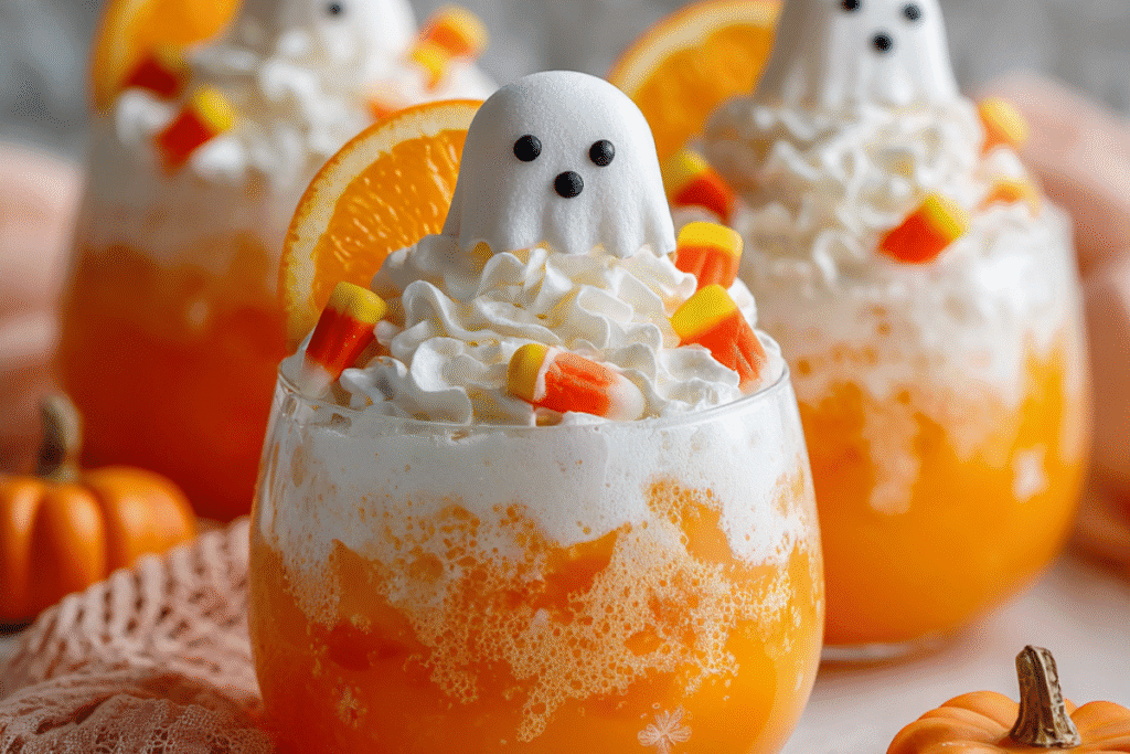 Creamy orange and white Halloween Ghostly Punch with vanilla ice cream scoops and ghost marshmallow toppers.