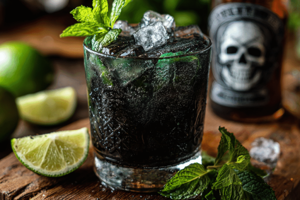 Black Mojito cocktail with activated charcoal, fresh mint, lime, and spooky skull stirrer in a highball glass.