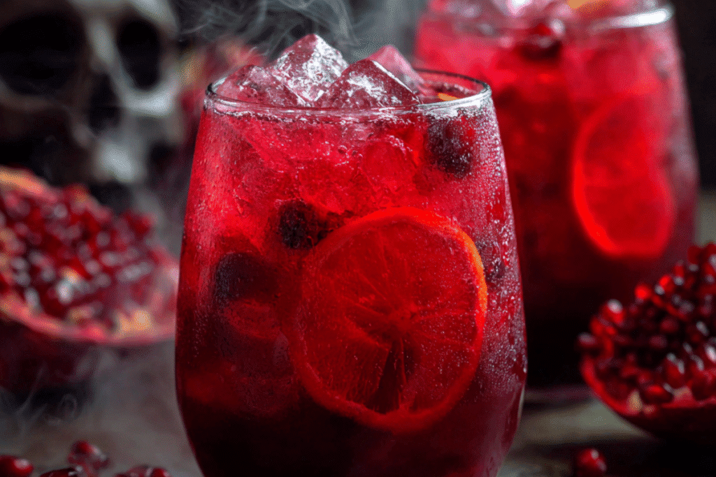 Vampire’s Kiss Moscow Mule with blood-red cranberry juice and a red sugar rim, served in a copper mug.