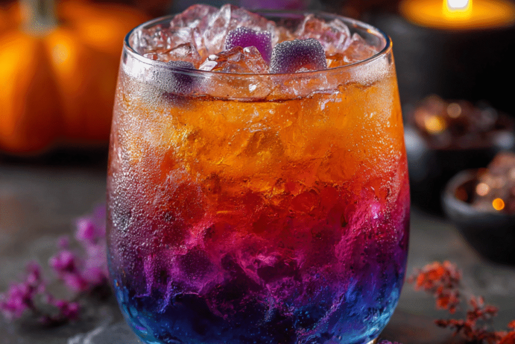 Electric green Witches’ Brew Cocktail with gummy worms, shimmering glitter, and smoke effect.