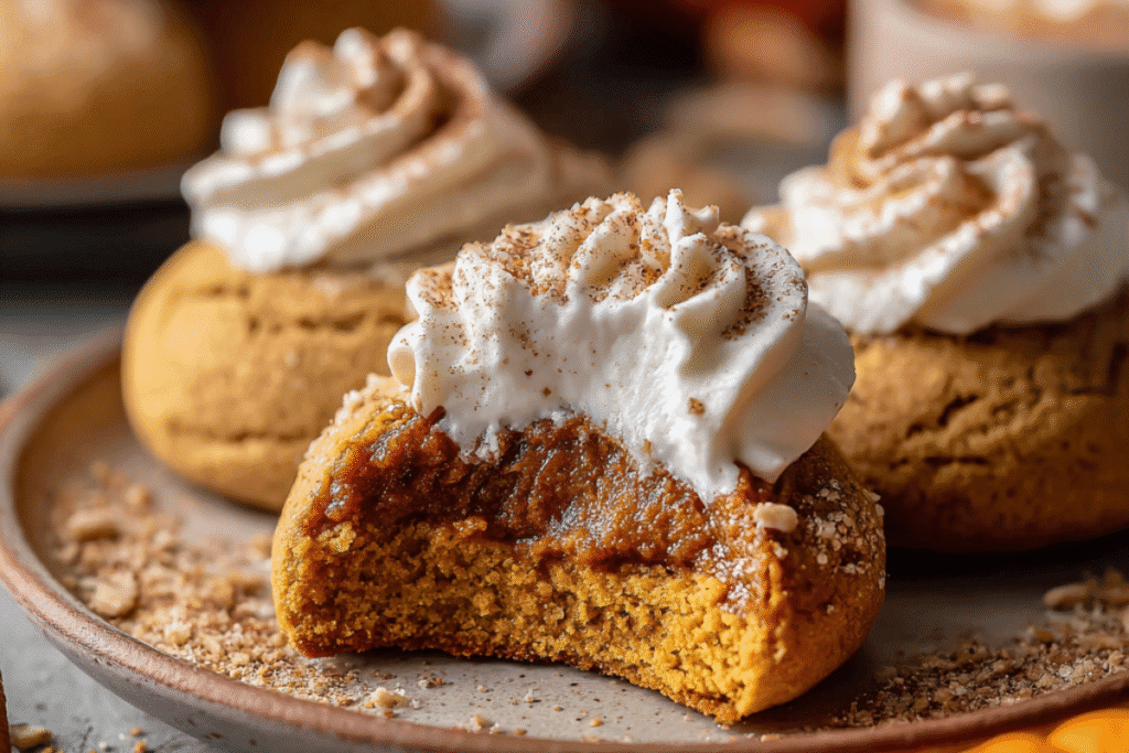 Pumpkin Pie Cookies with flaky crusts and spiced pumpkin filling, topped with whipped cream and cinnamon.