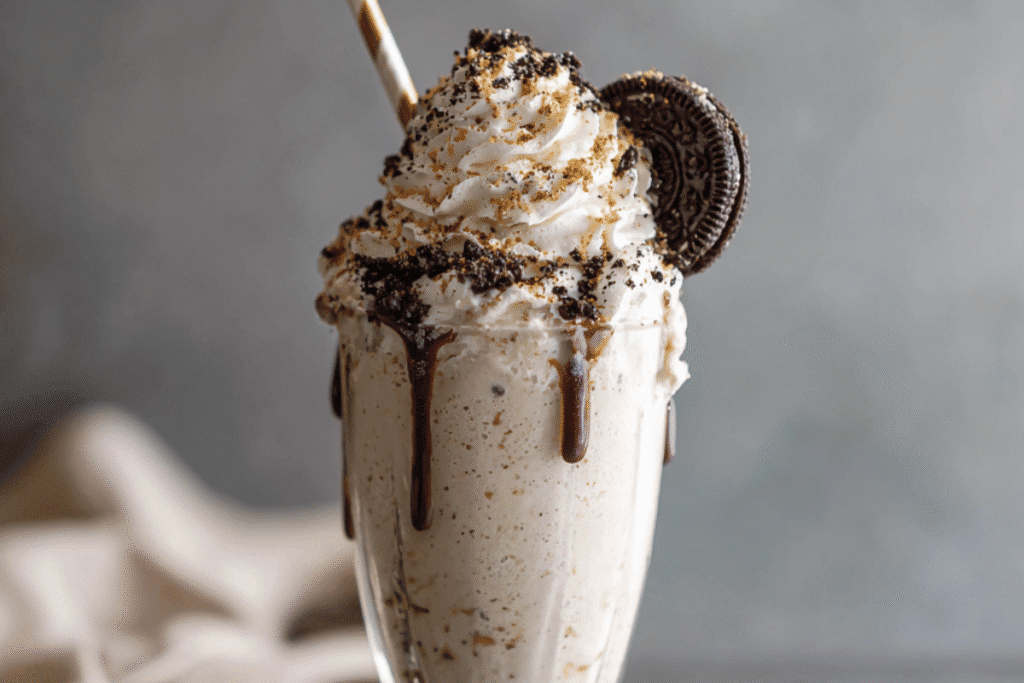 Boozy Baileys Oreo Milkshake in a tall glass, topped with whipped cream, crushed Oreos, and chocolate drizzle.