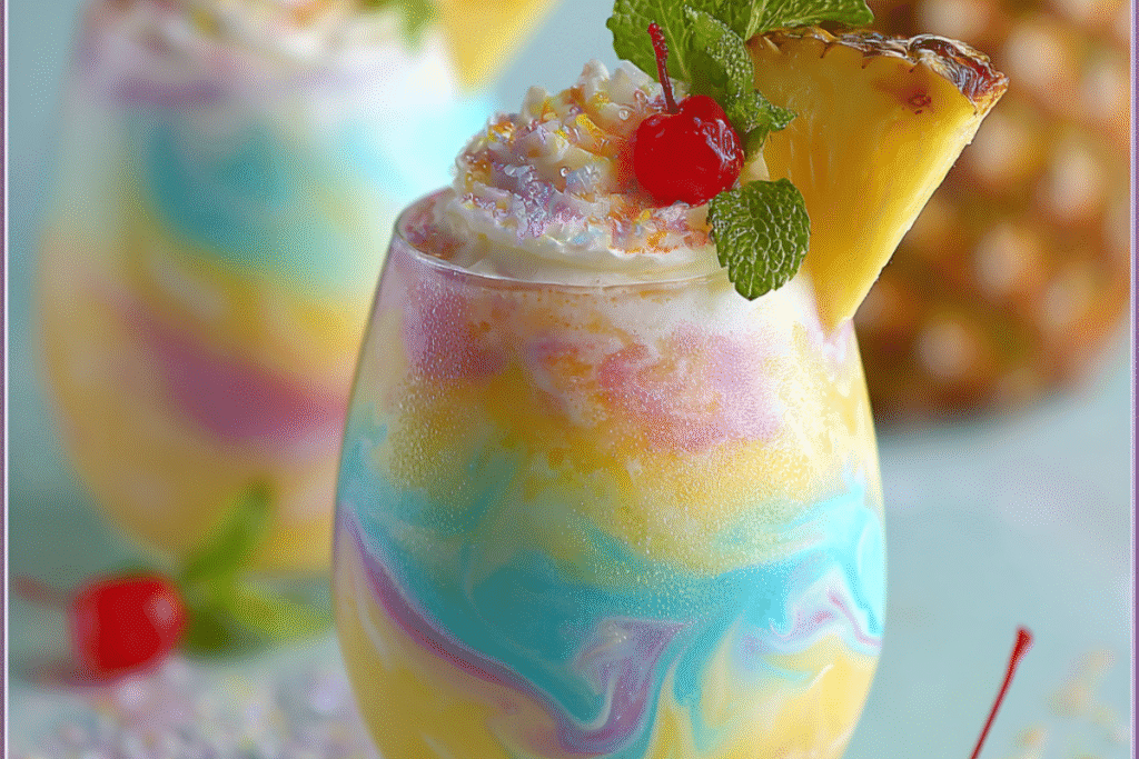 Rainbow Piña Colada cocktail with vibrant tropical layers in a tall glass, topped with whipped cream and fruit garnish.