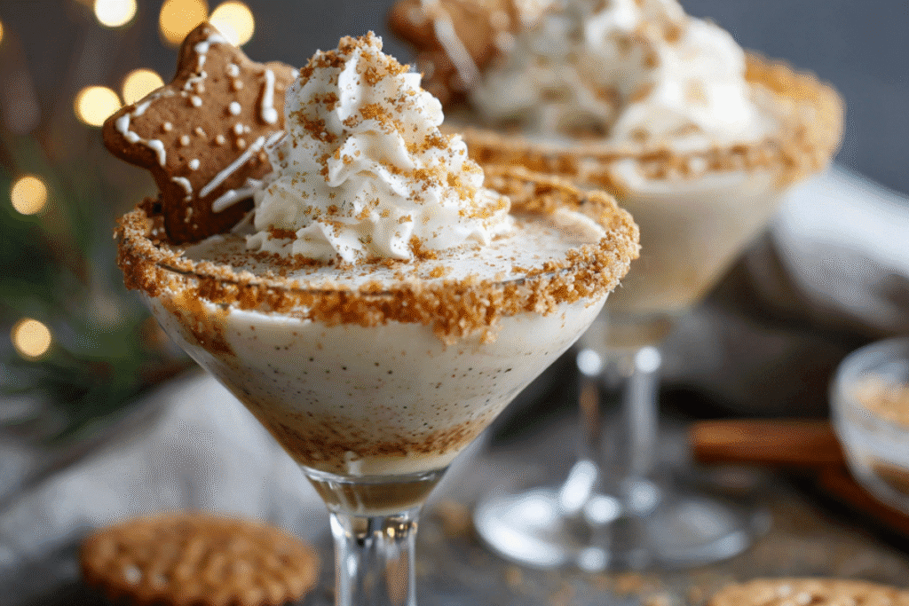 Gingerbread Martini served in a holiday glass with a gingerbread cookie garnish, whipped cream, and cinnamon sugar rim.
