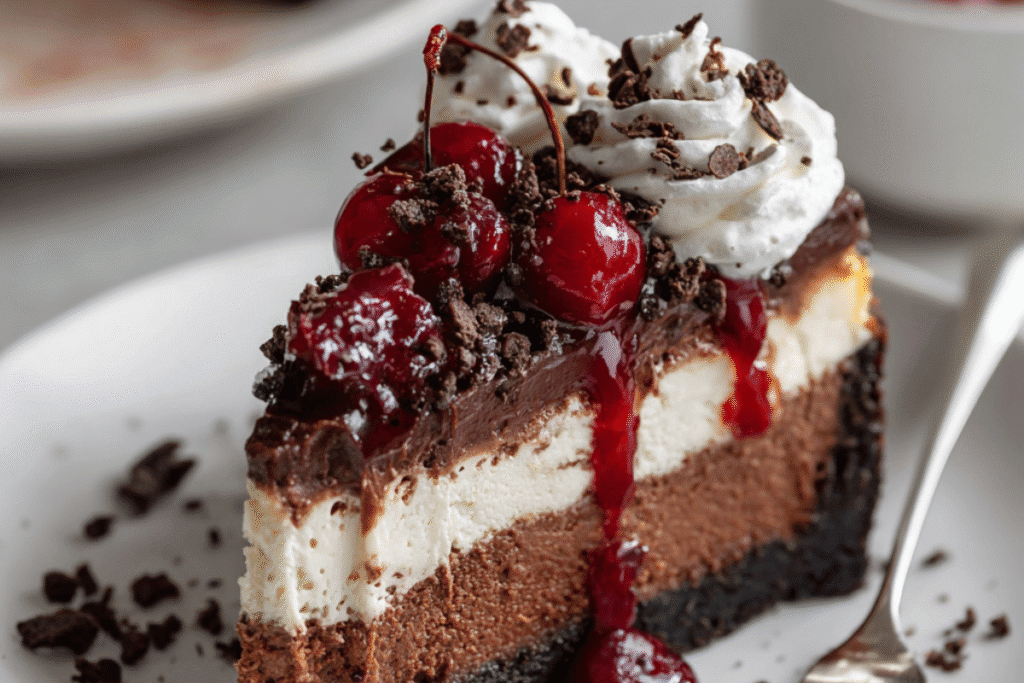 Black Forest Cheesecake topped with cherry compote and chocolate shavings, served on a chocolate cookie crust.