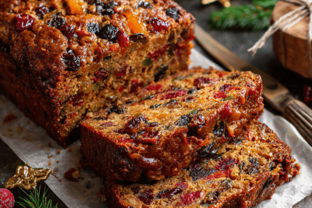 Classic Christmas fruitcake filled with dried fruits and nuts, topped with glazed cherries and festive holiday decor.