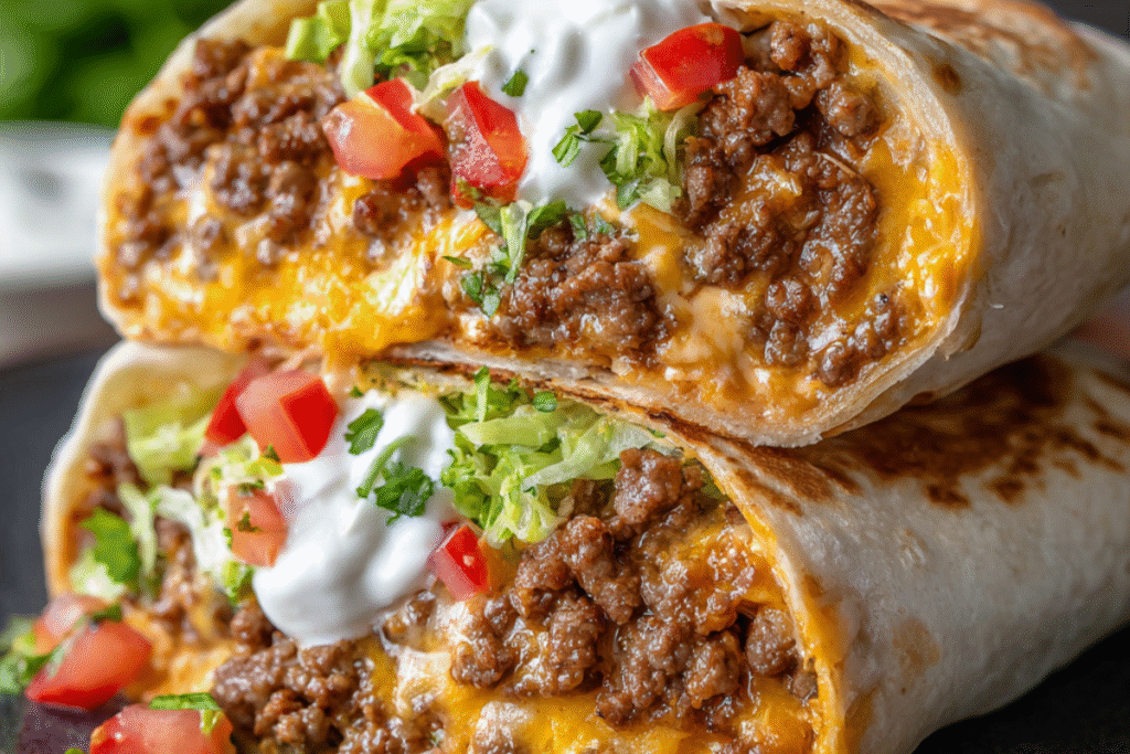Cheesy beef wrap filled with seasoned ground beef, nacho cheese, and lettuce, wrapped in a warm tortilla.