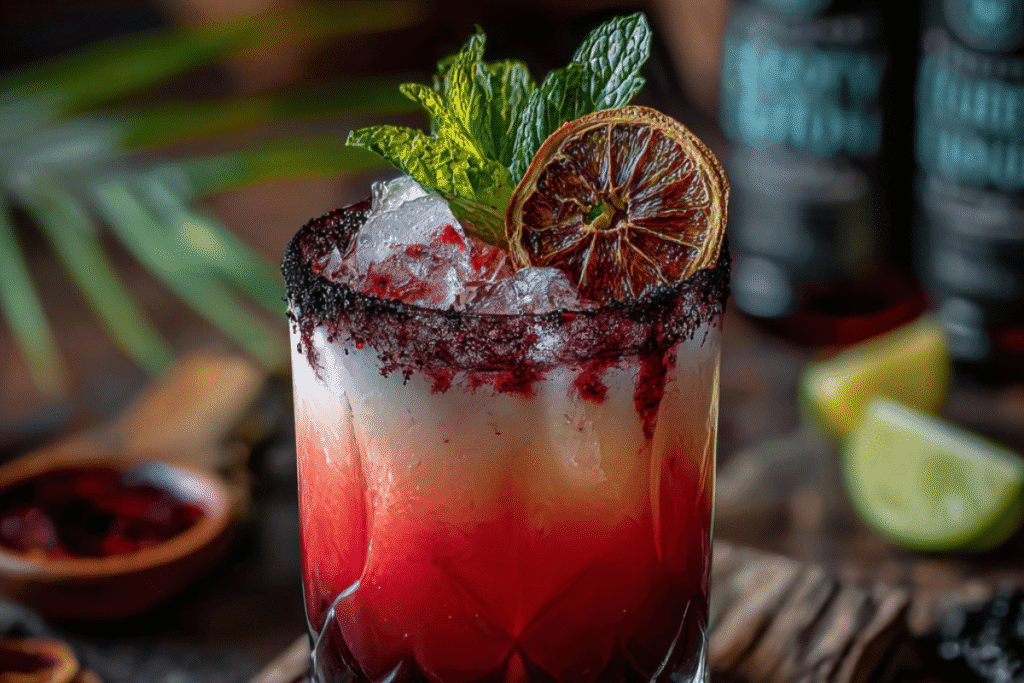 Bloody Sunset cocktail in a tall glass with red and orange layers, garnished with citrus slices and served over ice.