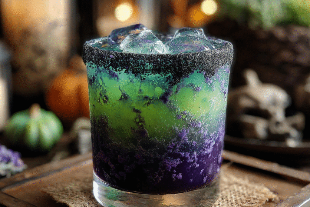 Halloween Cauldron of Chaos cocktail served in a spooky black glass with dry ice smoke and eerie green glow.
