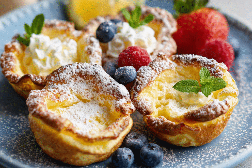 Mini German Pancakes baked in muffin tins, golden brown and puffed, served with berries and powdered sugar.