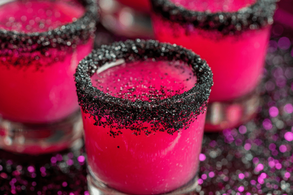 Toxic Barbie Shots in bright pink and electric blue hues, served in shot glasses with sugar rims and glitter garnish.